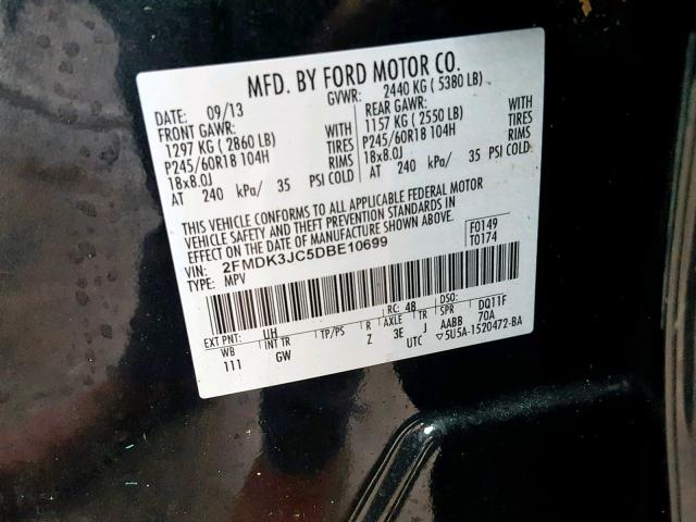 2FMDK3JC5DBE10699 - 2013 FORD EDGE SEL BLACK photo 10