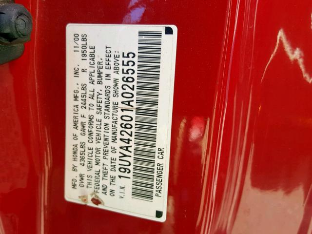 19UYA42601A026555 - 2001 ACURA 3.2CL TYPE RED photo 10
