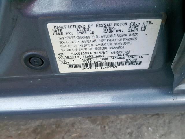 3N1CB51D41L459769 - 2001 NISSAN SENTRA XE TWO TONE photo 10