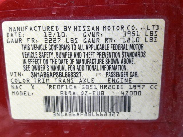 3N1AB6AP8BL668327 - 2011 NISSAN SENTRA 2.0 MAROON photo 10