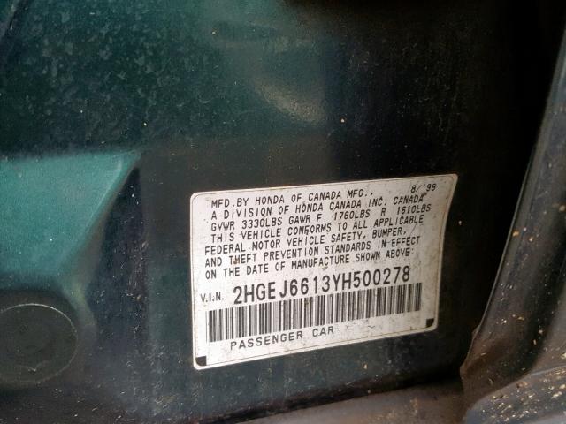 2HGEJ6613YH500278 - 2000 HONDA CIVIC BASE GREEN photo 10