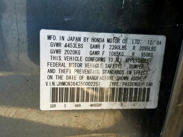 JHMCN36435C002257 - 2005 HONDA ACCORD HYB BLACK photo 10