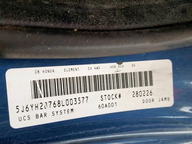 5J6YH28768L003577 - 2008 HONDA ELEMENT EX BLUE photo 10