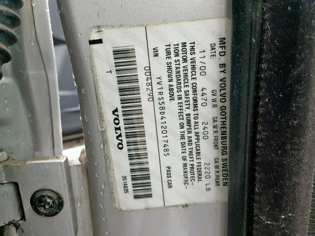 YV1RS58D412017485 - 2001 VOLVO S60 2.4T SILVER photo 10