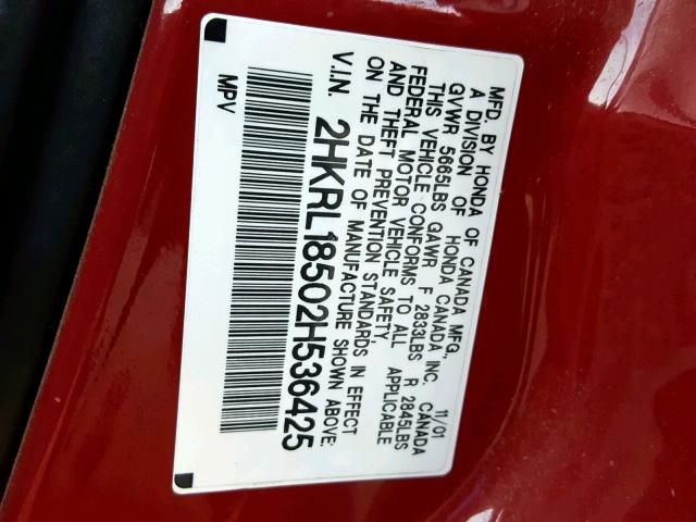 2HKRL18502H536425 - 2002 HONDA ODYSSEY LX RED photo 10