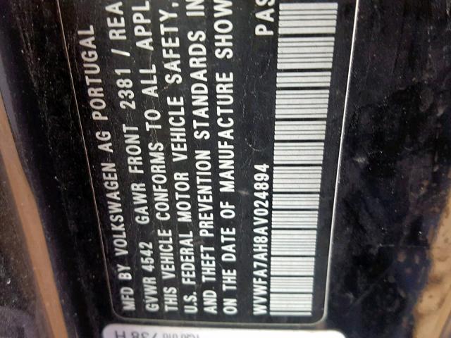 WVWFA7AH8AV024894 - 2010 VOLKSWAGEN EOS LUX 黑色 照片 10