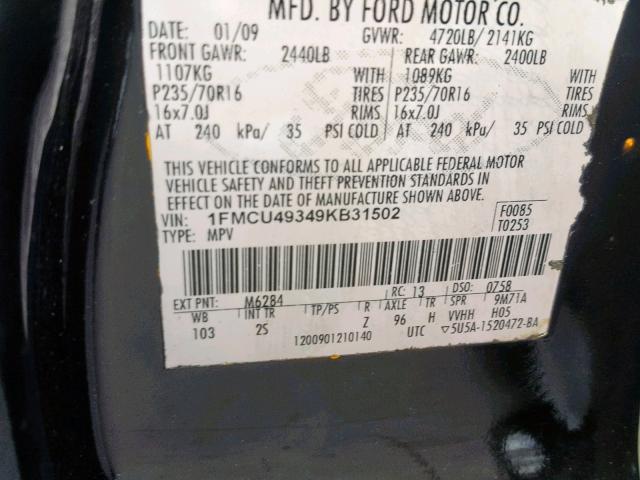 1FMCU49349KB31502 - 2009 FORD ESCAPE HYB BLACK photo 10