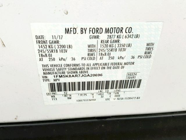 1FM5K8AR7JGA20696 - 2018 FORD EXPLORER P WHITE photo 10