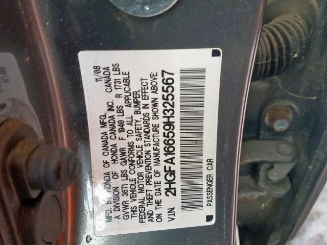 2HGFA16659H325567 - 2009 HONDA CIVIC LX-S Boz foto 10