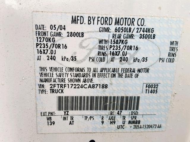 2FTRF17224CA87188 - 2004 FORD F-150 HERI WHITE photo 10