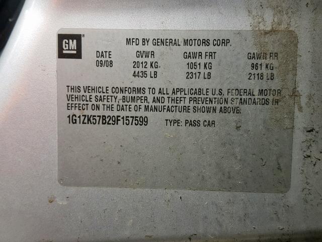 1G1ZK57B29F157599 - 2009 CHEVROLET MALIBU LTZ ვერცხლისფერი ფოტო 10