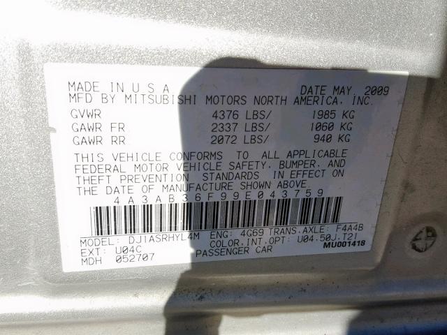 4A3AB36F99E043759 - 2009 MITSUBISHI GALANT ES SILVER photo 10