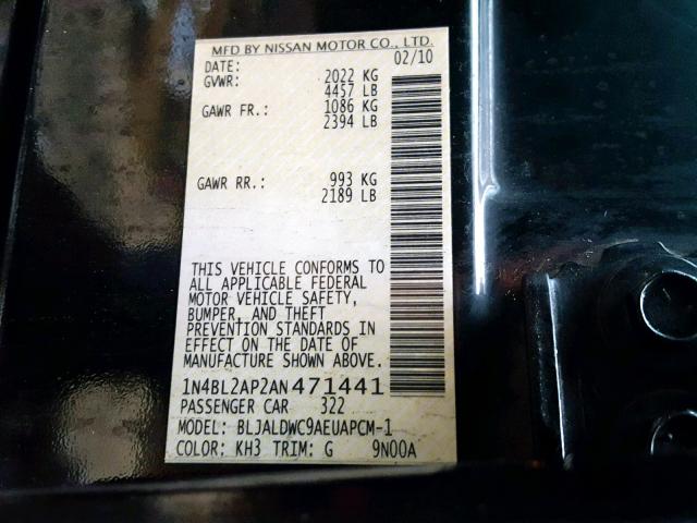 1N4BL2AP2AN471441 - 2010 NISSAN ALTIMA SR BLACK photo 10