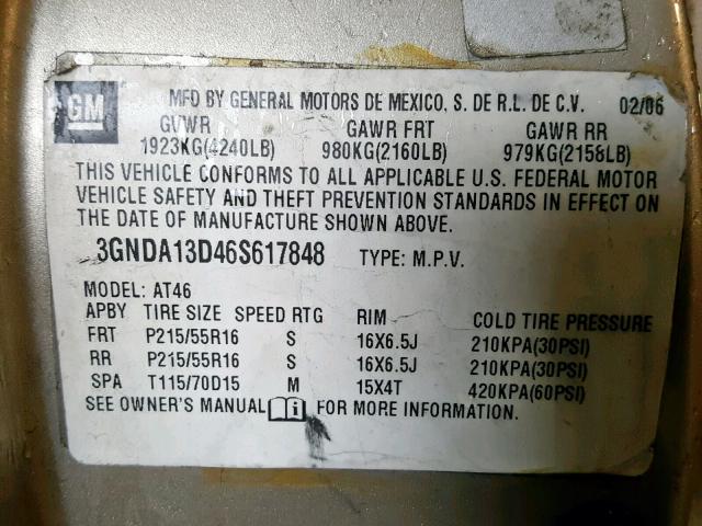 3GNDA13D46S617848 - 2006 CHEVROLET HHR LS ORANGE photo 10