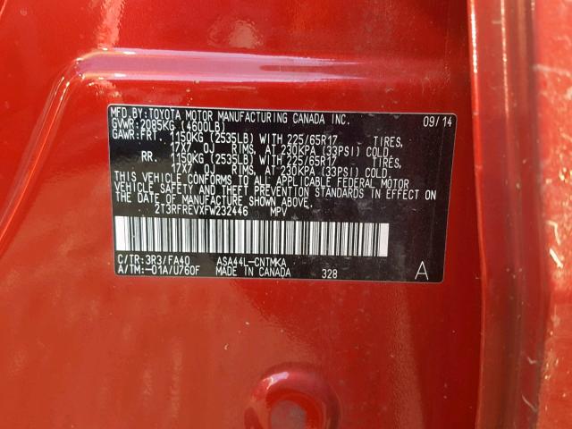 2T3RFREVXFW232446 - 2015 TOYOTA RAV4 XLE RED photo 10