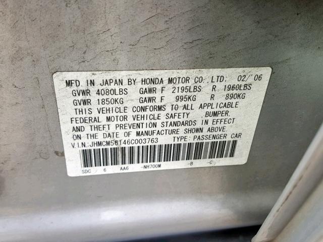 JHMCM56146C003763 - 2006 HONDA ACCORD VAL SILVER photo 10