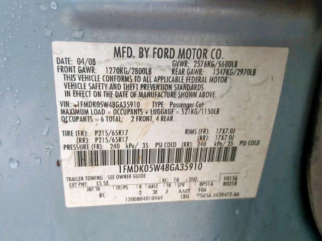 1FMDK05W48GA35910 - 2008 FORD TAURUS X S BLUE photo 10