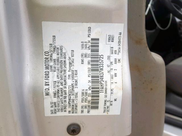 1FAHP34N37W335725 - 2007 FORD FOCUS ZX4 SILVER photo 10