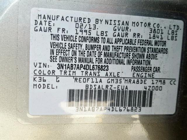 3N1AB7AP4DL676823 - 2013 NISSAN SENTRA S GRAY photo 10