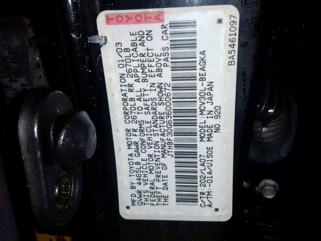 JTHBF30G636000672 - 2003 LEXUS ES 300 BLACK photo 10