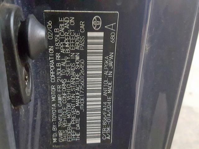 JTKDE177560126450 - 2006 TOYOTA SCION TC BLUE photo 10