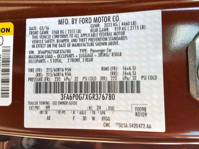 3FA6P0G7XGR376780 - 2016 FORD FUSION S BROWN photo 10