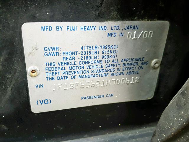 JF1SF65621H700618 - 2001 SUBARU FORESTER S ლურჯი ფოტო 10