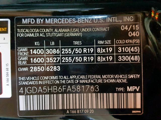 4JGDA5HB6FA581763 - 2015 MERCEDES-BENZ ML 350 4MA BLACK photo 10