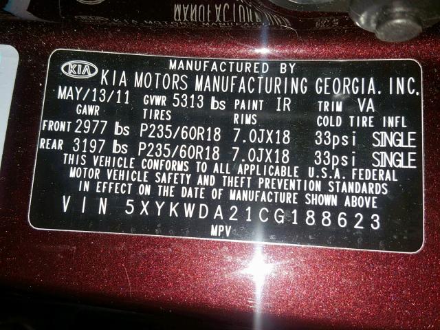 5XYKWDA21CG188623 - 2012 KIA SORENTO SX MAROON photo 10