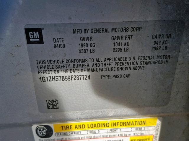 1G1ZH57B99F237724 - 2009 CHEVROLET MALIBU 1LT SILVER photo 10