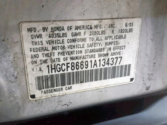 1HGCF86691A134377 - 2001 HONDA ACCORD VAL SILVER photo 10