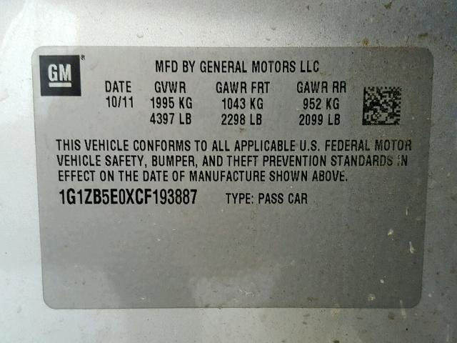 1G1ZB5E0XCF193887 - 2012 CHEVROLET MALIBU LS 银色 照片 10