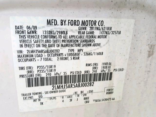 2LMHJ5AR5ABJ00282 - 2010 LINCOLN MKT WHITE photo 10