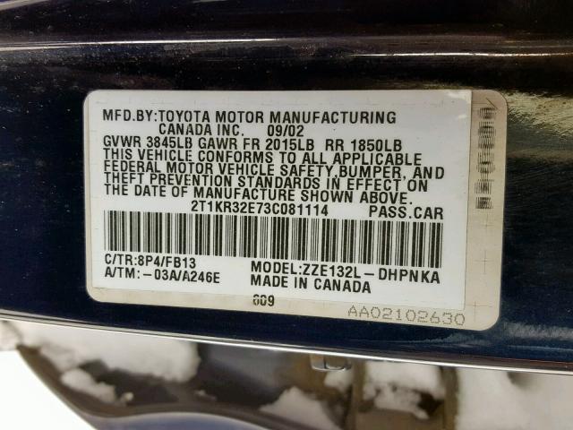 2T1KR32E73C081114 - 2003 TOYOTA COROLLA/MA BLUE photo 10