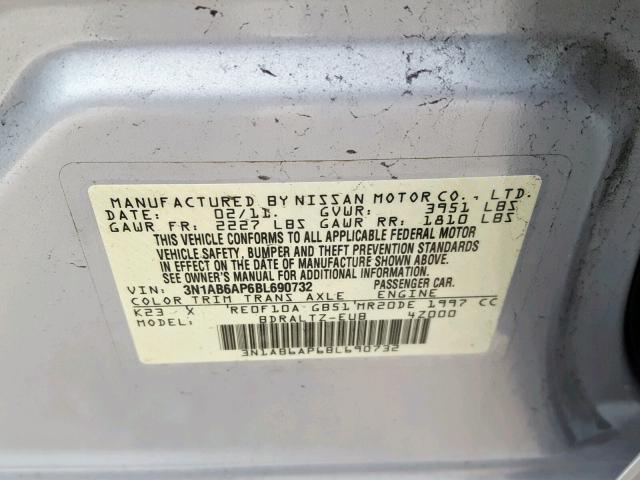 3N1AB6AP6BL690732 - 2011 NISSAN SENTRA 2.0 SILVER photo 10