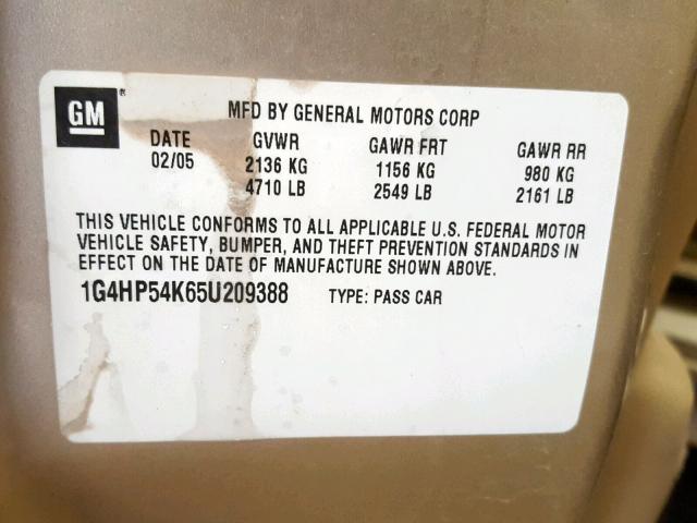 1G4HP54K65U209388 - 2005 BUICK LESABRE CU BEIGE photo 10