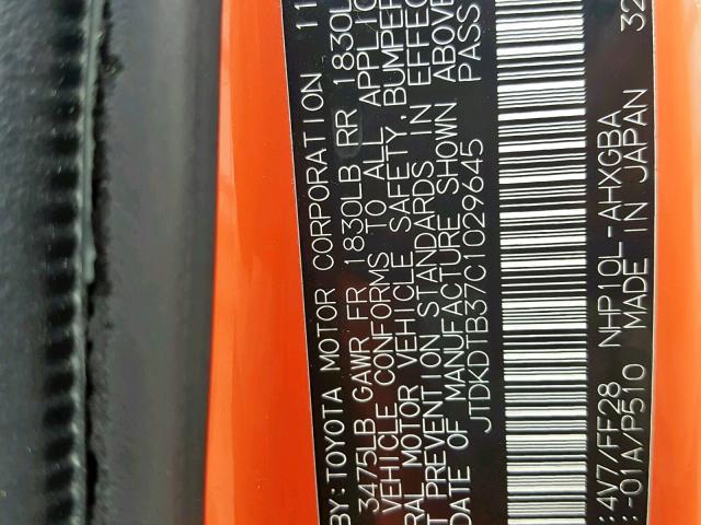 JTDKDTB37C1029645 - 2012 TOYOTA PRIUS C ORANGE photo 10