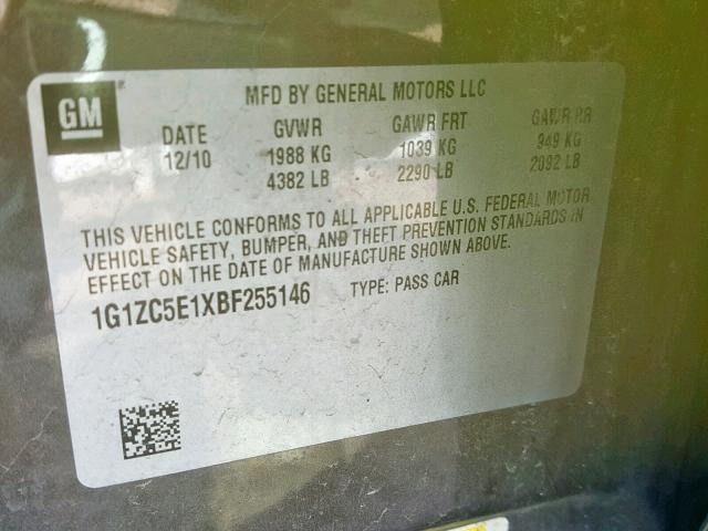 1G1ZC5E1XBF255146 - 2011 CHEVROLET MALIBU 1LT 灰色 照片 10