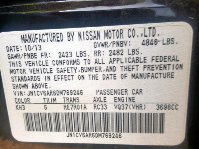 JN1CV6AR6DM769246 - 2013 INFINITI G37 BLACK photo 10