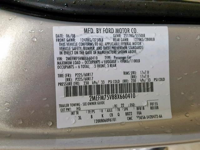 2MEFM75V88X660410 - 2008 MERCURY GRAND MARQ SILVER photo 10