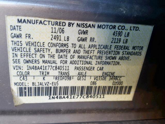 1N4BA41E77C840511 - 2007 NISSAN MAXIMA SE GOLD photo 10