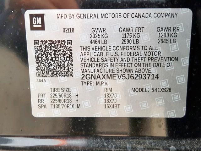 2GNAXMEV5J6293714 - 2018 CHEVROLET EQUINOX PR BLACK photo 10