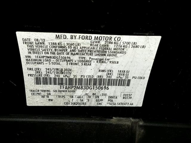 1FAHP2M83DG150696 - 2013 FORD TAURUS POL BLACK photo 10