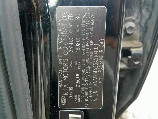 KNAFU4A25A5104331 - 2010 KIA FORTE EX BLACK photo 10