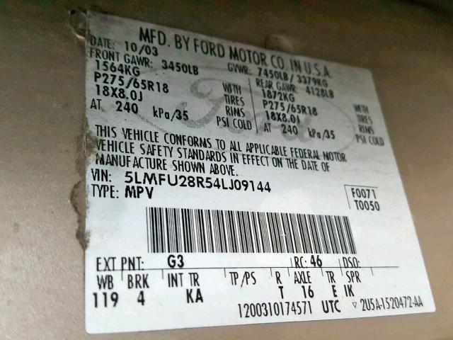 5LMFU28R54LJ09144 - 2004 LINCOLN NAVIGATOR 金色 照片 10