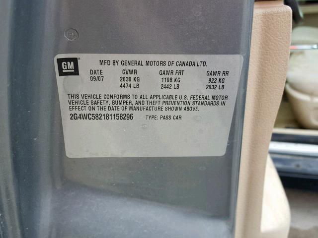 2G4WC582181158296 - 2008 BUICK LACROSSE C GRAY photo 10