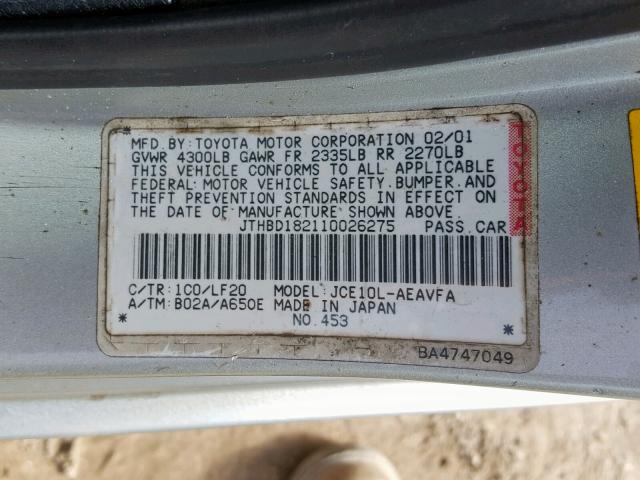 JTHBD182110026275 - 2001 LEXUS IS 300 SILVER photo 10