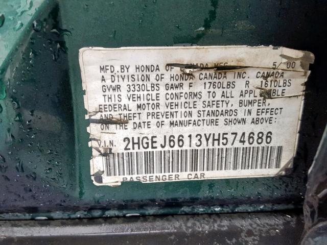 2HGEJ6613YH574686 - 2000 HONDA CIVIC BASE Yaşıl foto 10