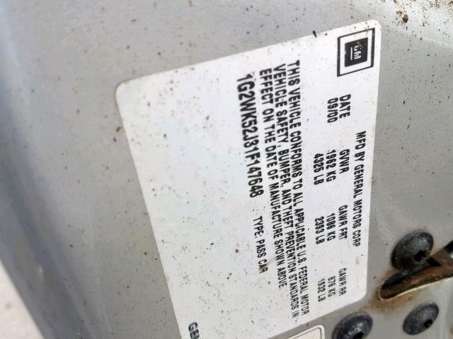 1G2WK52J31F147648 - 2001 PONTIAC GRAND PRIX GRAY photo 10