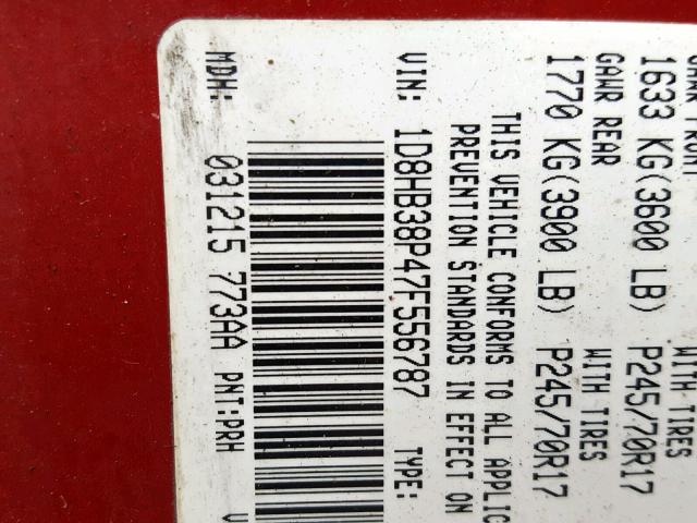 1D8HB38P47F556787 - 2007 DODGE DURANGO SX RED photo 10